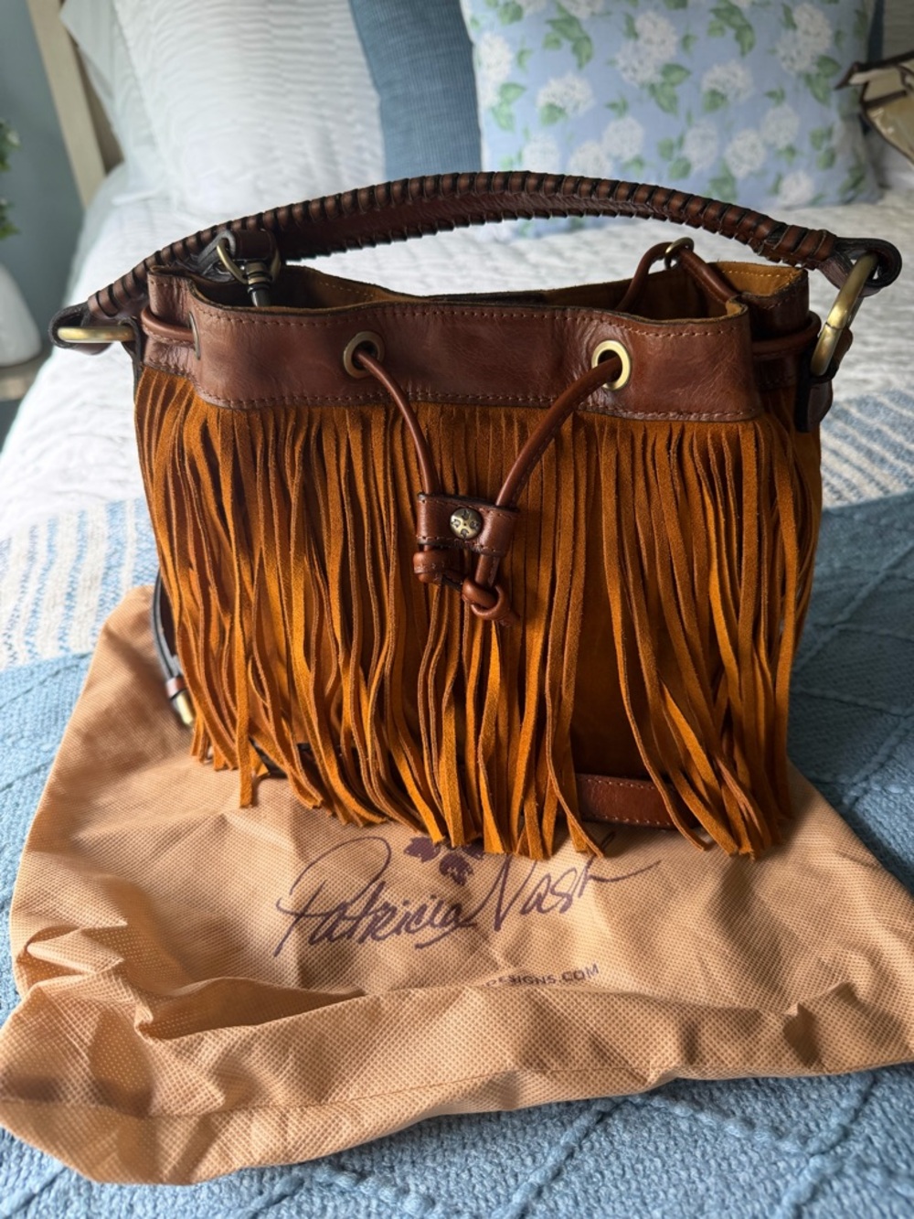 Patricia Nash Elisa Bucket Bag Crossbody Leather Cognac Tan Handbag Fringe Boho